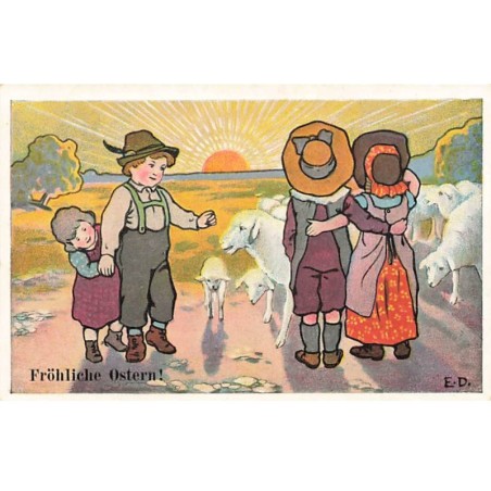 n°24513 - Illustrateur - MM Vienne n°180 - E.D. - Fröhliche Ostern - Enfants près d'un troupeau de moutons