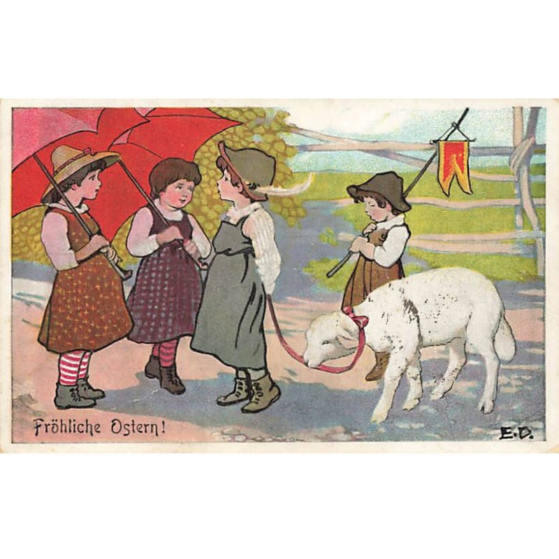 n°24514 - Illustrateur - MM Vienne n°180 - E.D. - Fröhliche Ostern - Fillettes discutant, l'une tenant un mouton
