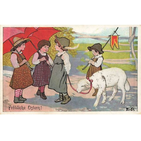 n°24514 - Illustrateur - MM Vienne n°180 - E.D. - Fröhliche Ostern - Fillettes discutant, l'une tenant un mouton