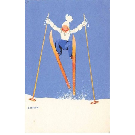 n°24518 - Illustrateur - E. Martin - Jeune fille sautant avec des skis