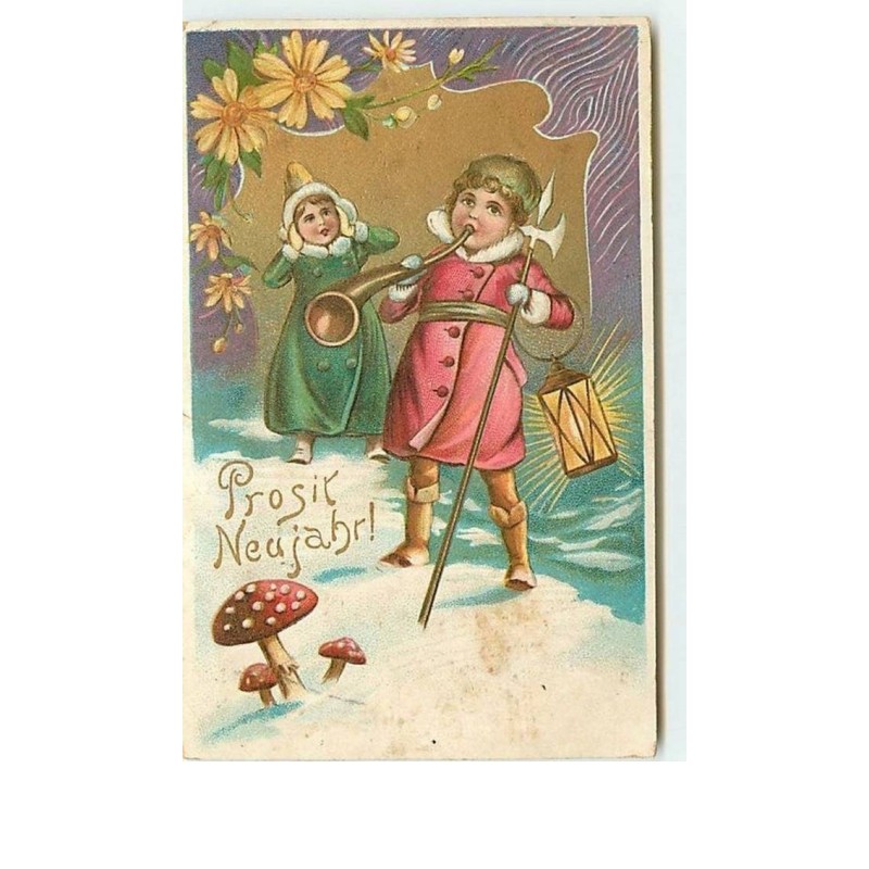 n°11781 - Carte Fantaisie Gaufrée - Prosit Neujahr - Enfants, champignon