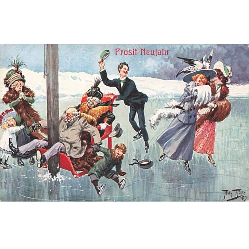 n°24520 - Illustrateur - Arthur Thiele - Prosit Neujahr - Personnes sur un lac gelé