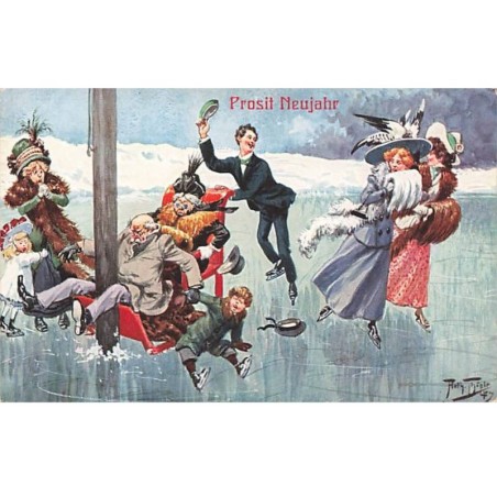 n°24520 - Illustrateur - Arthur Thiele - Prosit Neujahr - Personnes sur un lac gelé
