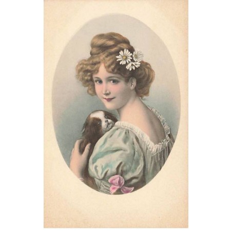 n°24531 - Fantaisie - MM Vienne n°718 - Jeune femme câlinant un chien