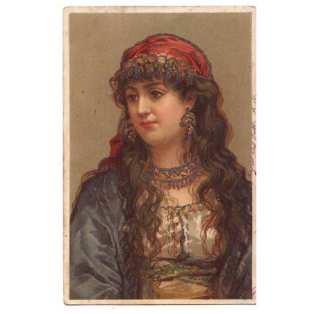 n°24532 - Fantaisie - Jeune femme de type gitane - Carte avec des paillettes