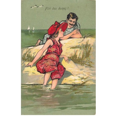 n°24533 - Carte Gaufrée - Fantaisie - Flirt des Dunes - Couples sur une plage - Baigneuse