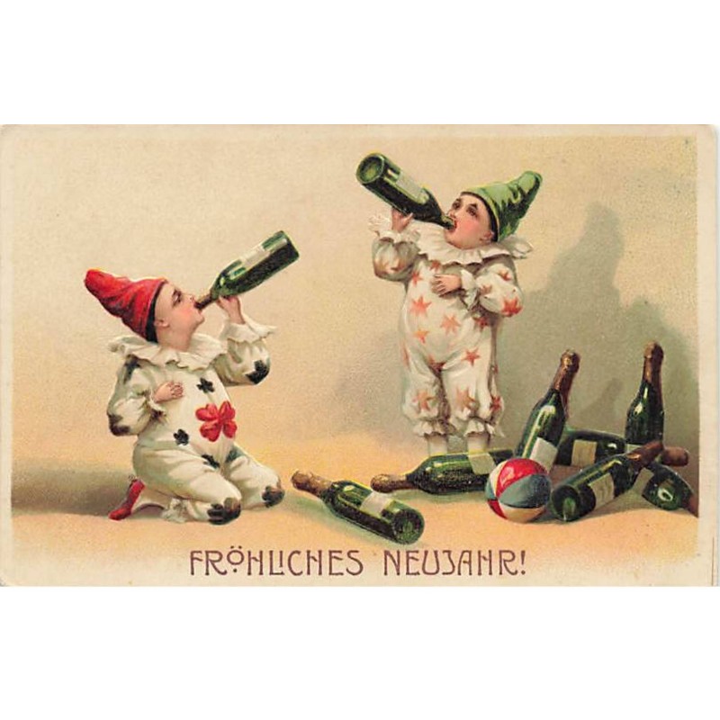 n°24536 - Carte Gaufrée - Fröhliche Neujahr - Enfant buvant des bouteilles de champagnes