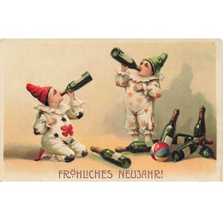 n°24536 - Carte Gaufrée - Fröhliche Neujahr - Enfant buvant des bouteilles de champagnes