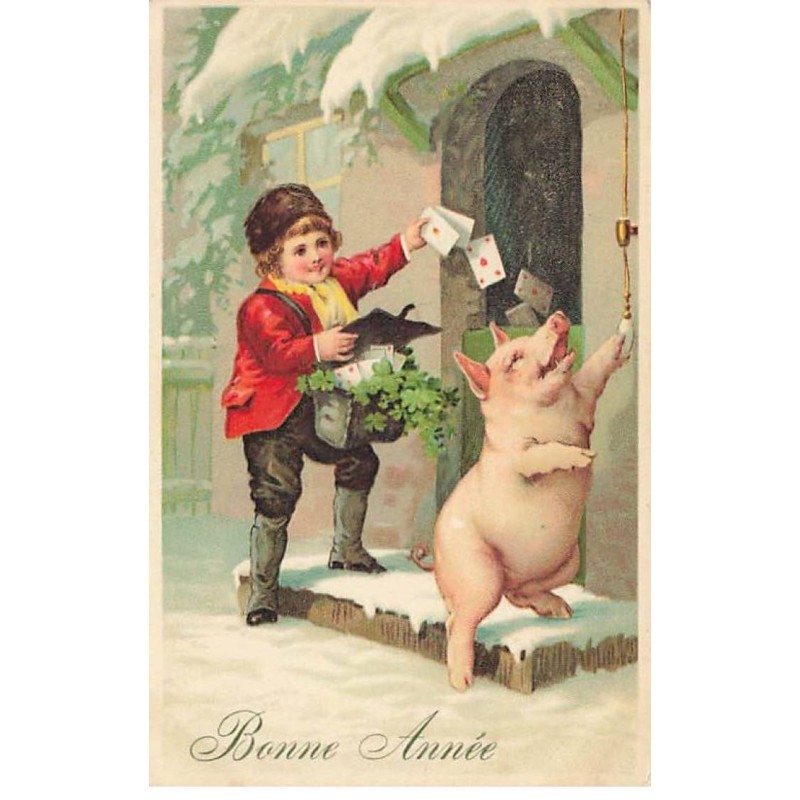 n°24542 - Bonne Année - Un garçon et un cochon déposant des lettres