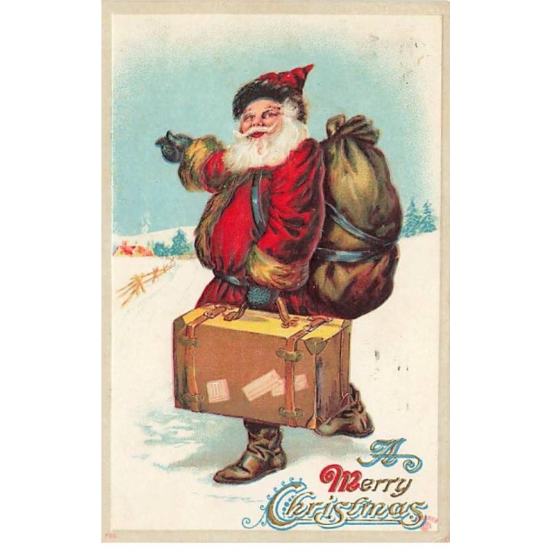 n°24545 - Carte Gaufrée - Merry Christmas - Père Noël marchant dans la neige avec un sac et une valise