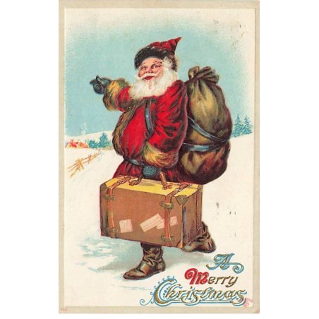 n°24545 - Carte Gaufrée - Merry Christmas - Père Noël marchant dans la neige avec un sac et une valise