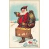 n°24545 - Carte Gaufrée - Merry Christmas - Père Noël marchant dans la neige avec un sac et une valise