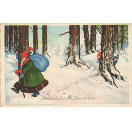 n°24548 - Noël - Fröhliche Weihnachten - Enfants espionnant le Père Noël marchant dans la forêt