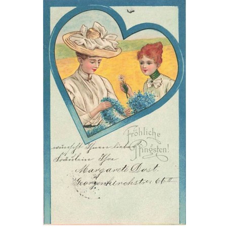 n°24560 - Pentecôte - Fröhliche Pfingsten - Jeunes femmes faisant une guirlande de myosotis - Art Nouveau