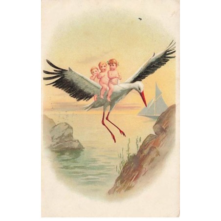 n°24562 - Fantaisie - Bébés sur le dos d'une cigogne