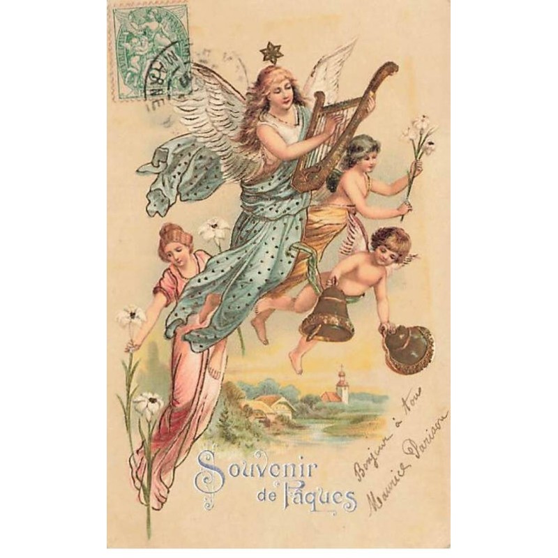 n°24564 - Carte Gaufrée - Souvenir de Pâques - Ange gardien jouant de la lyre entouré d'anges