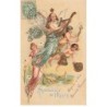 n°24564 - Carte Gaufrée - Souvenir de Pâques - Ange gardien jouant de la lyre entouré d'anges