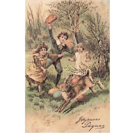 n°24565 - Carte Gaufrée - serie 5112 - Pâques - Enfants courrant après un lièvre