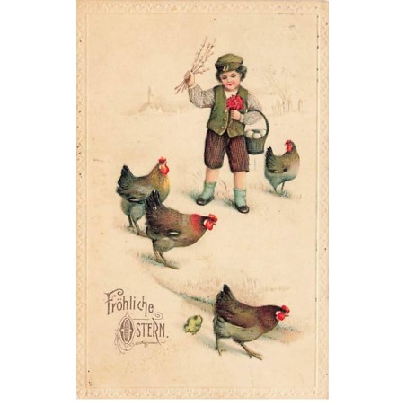 n°24567 - Carte Gaufrée - Pâques - Fröhliche Ostern - Garçon au milieu de poules