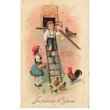 n°24568 - Carte Gaufrée - Fröhliche Ostern - Enfants ramassant des oeufs au milieu de poules