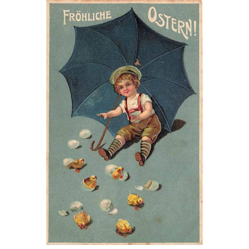 n°24569 - Carte Gaufrée - Fröhliche Ostern - Garçon assis au milieu de poussins sortant de leurs oeufs