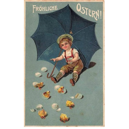 n°24569 - Carte Gaufrée - Fröhliche Ostern - Garçon assis au milieu de poussins sortant de leurs oeufs