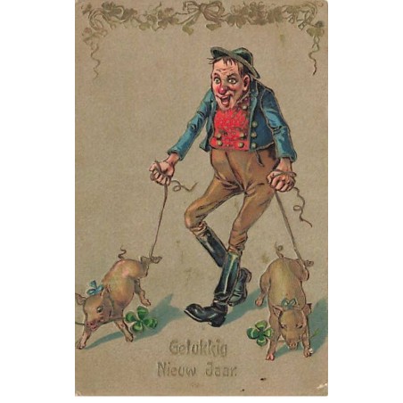 n°24573 - Carte Gaufrée - Nouvel An - Gelukkig Nieuw Jaar - Homme tenant en laisse des cochons