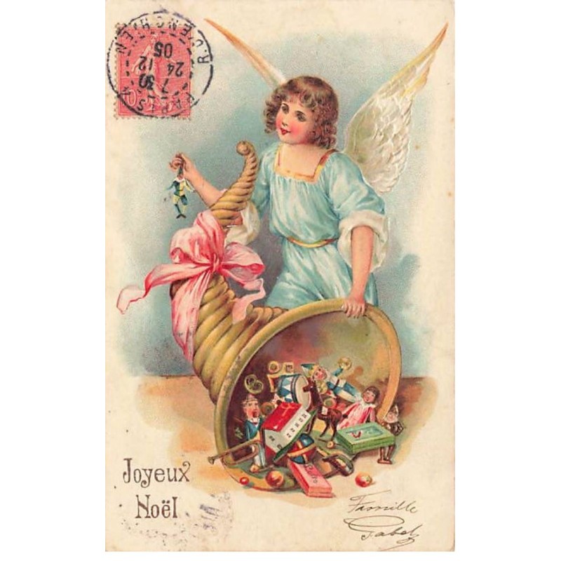 n°24576 - Carte Gaufrée - Joyeux Noël - Ange près d'une corne d'abondance remplie de jouets