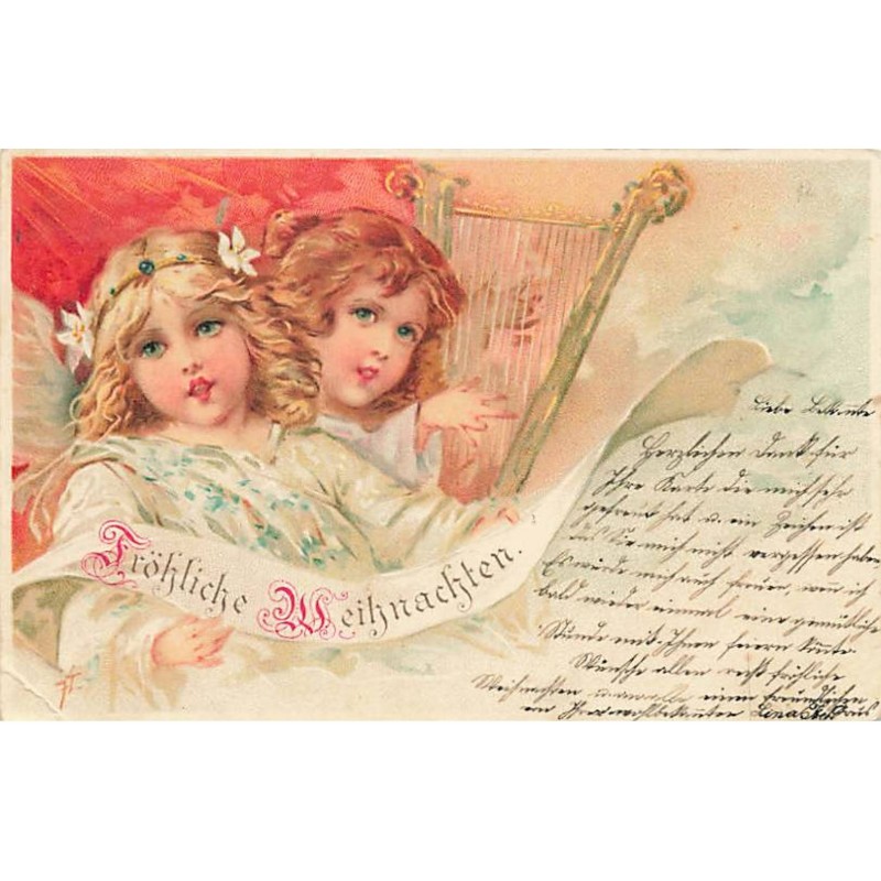 n°24585 - Noël - Fröhliche Weihnachten - Deux fillettes, dont l'une jouant de la lyre