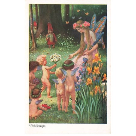 n°24589 - Fantaisie - O. Herrfurth - Waldkönigin - Angelots offrant des fleurs à une sylphide entourée de papillons