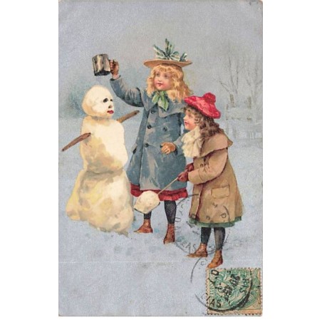 n°24592 - Fantaisie - Fillettes près d'un bonhomme de neige