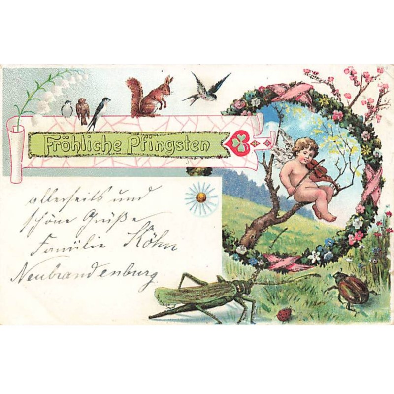 n°24593 - Paikkettes - Fröhliche Pfingsten - Ange jouant du violon, pour des hirondelles, écureuil, sauterelle...