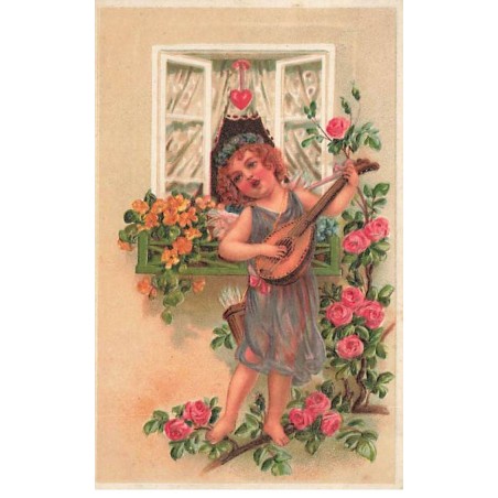 n°24597 - Carte Gaufrée - Fantaisie - Cupidon angelot jouant de la mandoline devant une fenêtre