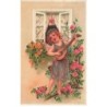 n°24597 - Carte Gaufrée - Fantaisie - Cupidon angelot jouant de la mandoline devant une fenêtre