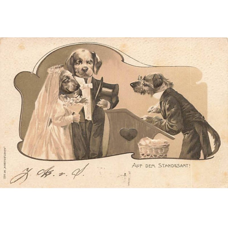 n°24598 - Carte Gaufrée - Animaux habillés - Auf dem Standesamt - Mariage de chiens