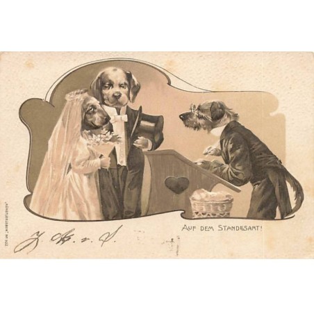 n°24598 - Carte Gaufrée - Animaux habillés - Auf dem Standesamt - Mariage de chiens