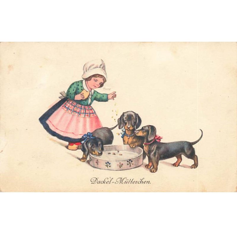 n°24599 - Chiens - Dackël-Mütterchen - Jeune fille nourrissant des teckels