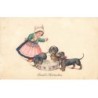 n°24599 - Chiens - Dackël-Mütterchen - Jeune fille nourrissant des teckels