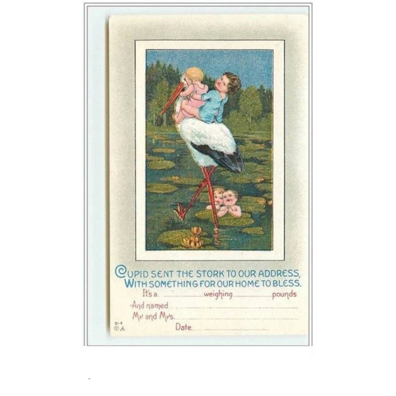 n°246 - Carte Gaufrée - Faire Part de naissance - Cigogne et enfants