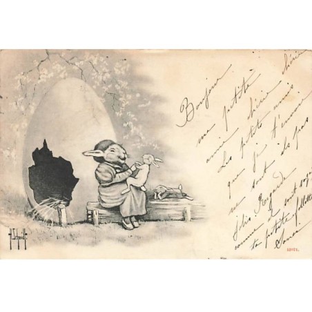 n°24607 - Illustrateur - H. Schmidt - Lapin jouant avec ses petits - Lapins habillés