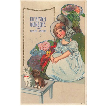 n°24612 - Carte Gaufrée - Nouvel An - Fillette regardant un chat et un chiot