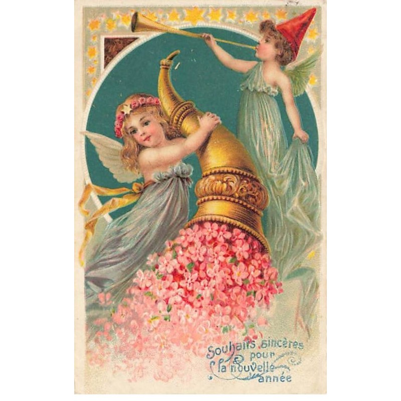 n°24614 - Carte Gaufrée - Souhaits sincères pour la nouvelle Année - Ange renversant une corne d'abondance