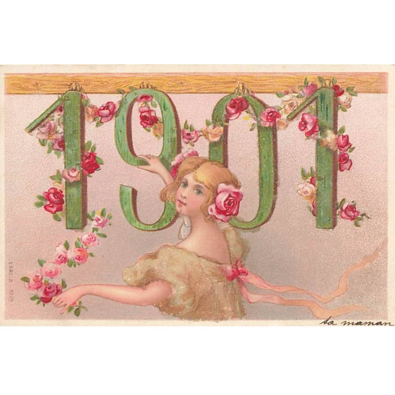 n°24615 - Carte avec des Perles - Nouvel An - 1901 - Jeune femme décorant les chiffres avec des fleurs