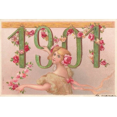 n°24615 - Carte avec des Perles - Nouvel An - 1901 - Jeune femme décorant les chiffres avec des fleurs