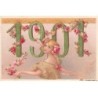 n°24615 - Carte avec des Perles - Nouvel An - 1901 - Jeune femme décorant les chiffres avec des fleurs