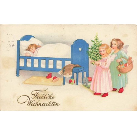 n°24626 - Baumgarten - Fröhliche Weihnachten - Anges apportant un sapin à une fillette endormie