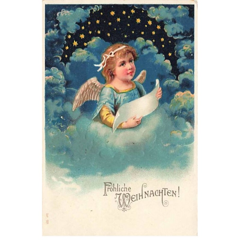 n°24628 - Carte Gaufrée - Noël - Fröhliche Weihnachten - Ange lisant un parchemin sous les étoiles
