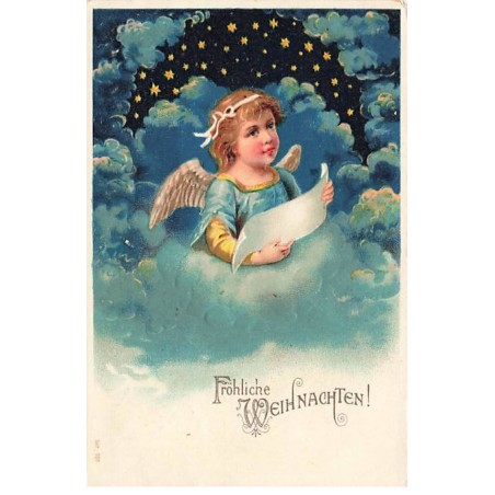 n°24628 - Carte Gaufrée - Noël - Fröhliche Weihnachten - Ange lisant un parchemin sous les étoiles