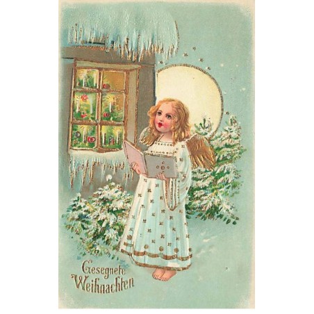 n°24631 - Carte Gaufrée - Noël - Gesegnete Weihnachten - Ange chantant près d'une fenêtre d'une maison