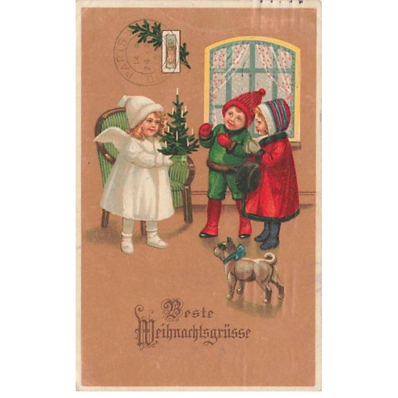 n°24633 - Noël - Best Weinachtsgrüsse - Ange apportant un sapin à des enfants, et un chien
